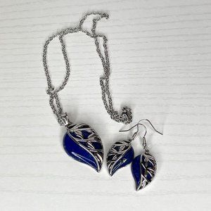 Genuine Lapis 925 Sterling Silver Over SS Leaf Necklace & Earrings Set